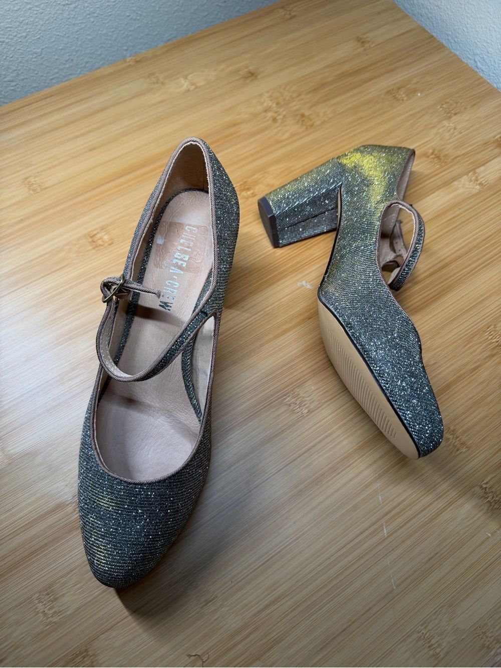Chelsea Crew Oprah Glitter Mary Jane Block Heel Gold Silver EU 38 US 7-7.5